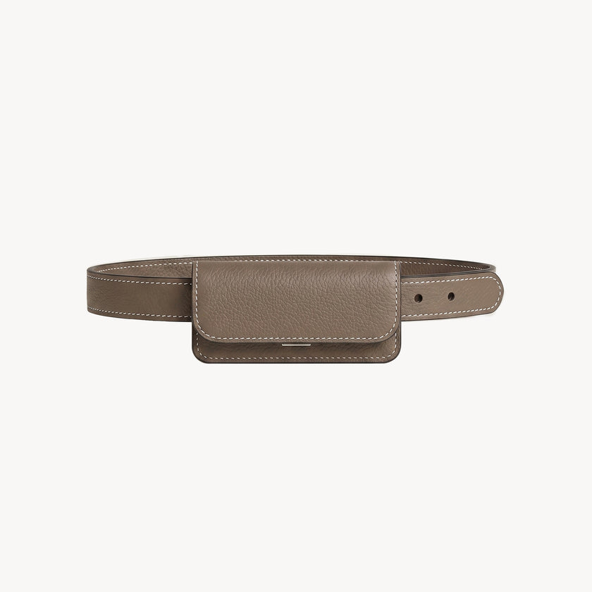 Taupe Arvak + Sól belt bag with mini flap design, featuring a compact, stylish accessory for hands-free carrying.